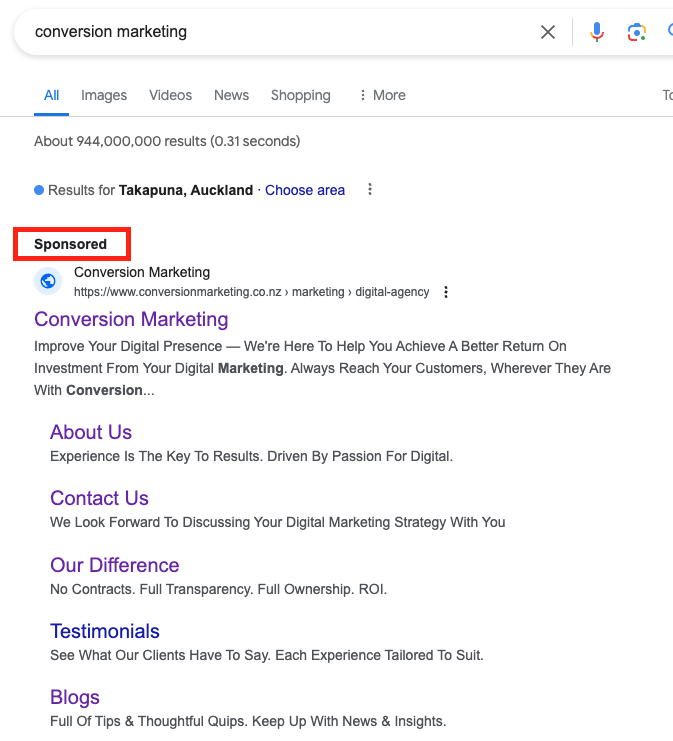 example of a Google ad in SERPs (search engine result pages)